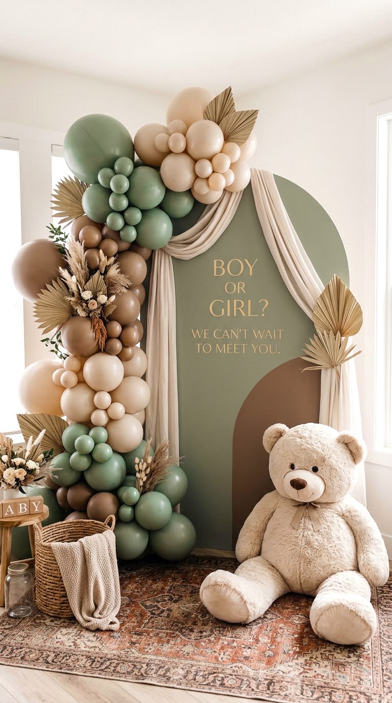 Green and beige baby shower balloon backdrop