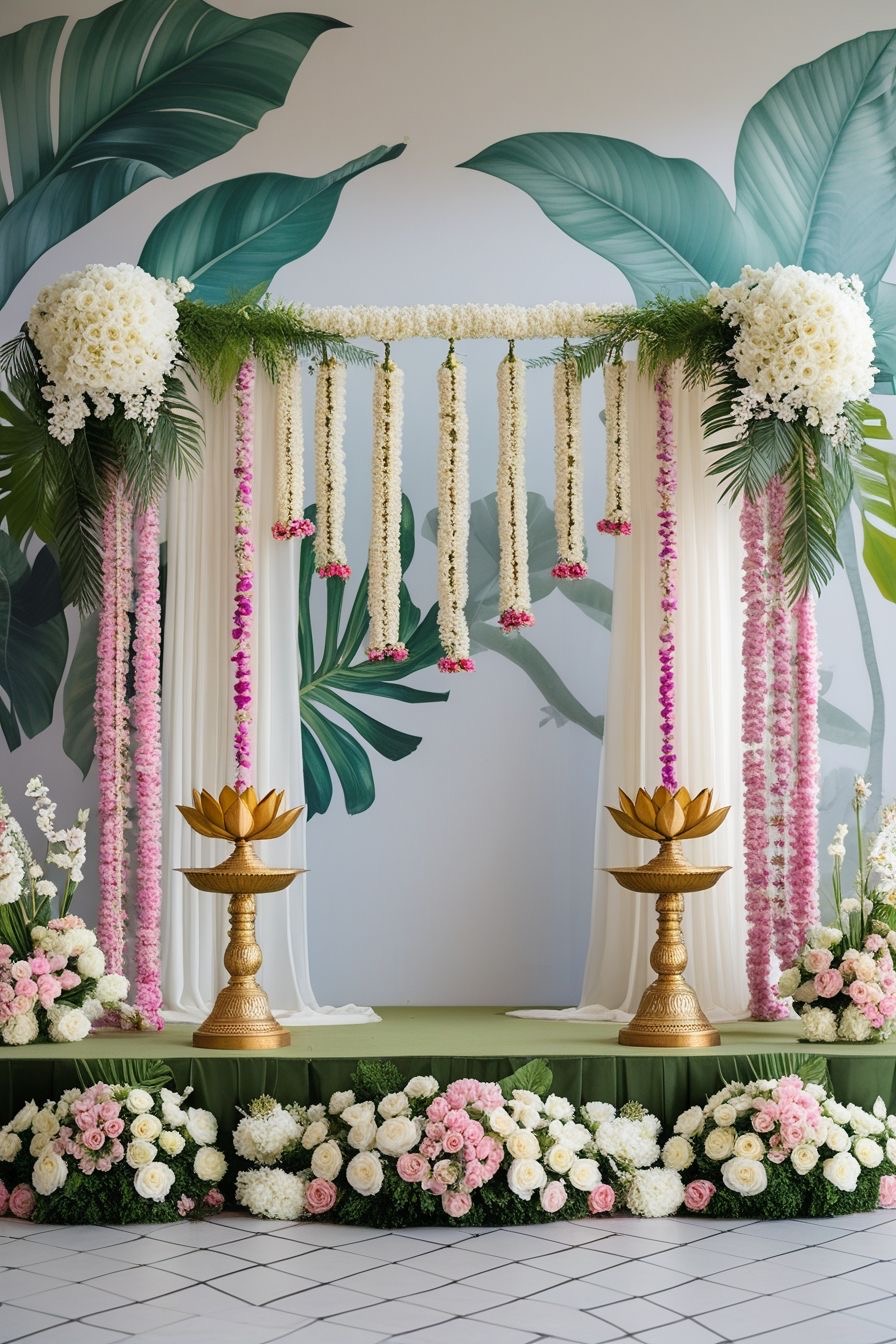 White and pink floral ceremony stage with brass lamps