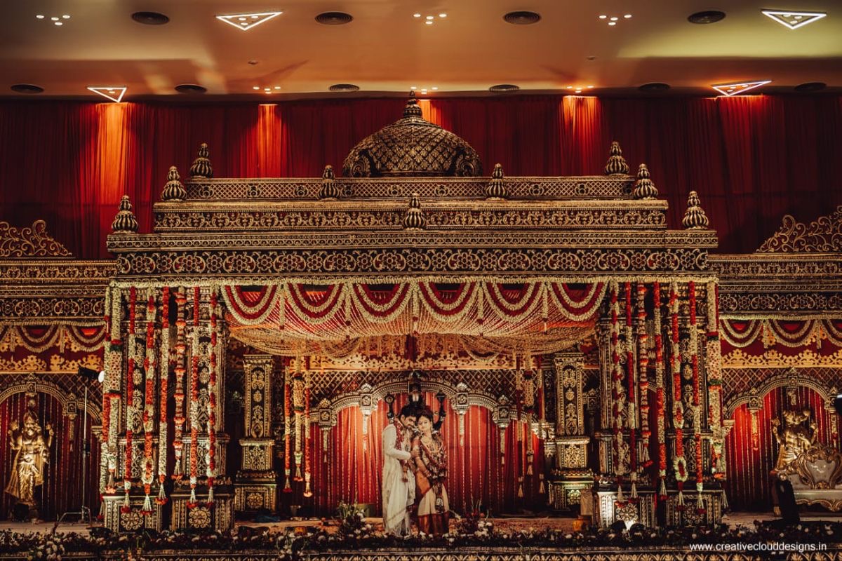 Grand red and gold wedding mandap